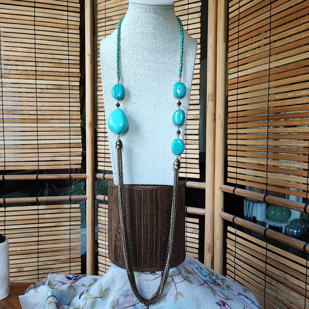 Bebe Spider Web Faux Acrylic Turquoise Brass Gold Tone Extra Long Necklace Nwt 29$